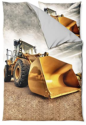 ETÉREA Renforcé Kinder Bettwäsche 135x200cm + 80x80cm - 100% Baumwolle - Bettbezug Bagger Motiv natürlich weich - Bettwäsche Set 135x200cm Bettbezug + 80x80cm Kissenbezug 2teilig - OEKOTEX - Sand