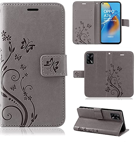 Hülle Kompatibel mit Oppo A74 / A74 4G | Premium PU Leder Handyhülle Wallet Case für A74 / A74 4G | Schutzhülle Blumen Klapphülle Handyhülle | Grau
