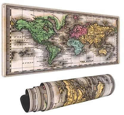 World Map Retro Contour Elevation Gaming Keyboard Mouse Pad Mousepad Enorme extendido XL borde cosido suela de goma para oficina en casa (31.5 x 11.8 pulgadas)