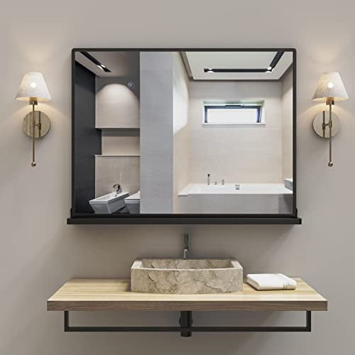 ANYHI Large Black Bathroom Mirror 80 × 62 cm, Rectangular Wall Mirror with Shelf for Bathroom, Bedroom, Living Room, Metal Frame