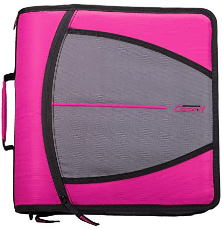 Case-it, Mighty Zip Tab D-146 - Raccoglitore con cerniera per la scuola, con anelli a O da 7,6 cm, capacità: 600 fogli, espandibile, tasche multiple, con tracolla, magenta
