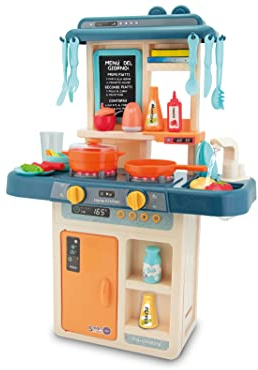 Teorema Giocattoli 66615 Cucina Giocattolo con lavello funziote,fornello 2 fuochi,effetti luminosi e sonori,frigorifero,lavagna scrivere menù e tanti accessori, Altezza 63cm,Azzurro,Marrone,Arancione