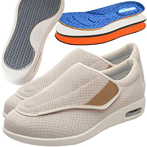 Aocase Hommes Chaussures Diabétiques Chaussures Orthopédiques Extra Larges Chaussures Antidérapant Respirant Bandagerééducation avec Chaussettes pour Senior Pieds enflés,Kaki,43EU