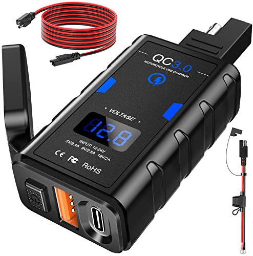 EXTRACTME Motorcycle USB Charger, Upgraded 6.4A Quick Charge 3.0 & Type C PD Dual Phone Charger with Voltmeter, Waterproof Motorcycle Accessories for Phone, Tablet, GPS, etc