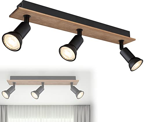 bmf-versand® Deckenstrahler 3 Flammig Schwenkbar - Deckenleuchte mit 3 Spots Schwarz Holz Optik - Deckenlampe Wohnzimmer Modern - Strahler Küche Fassung GU10