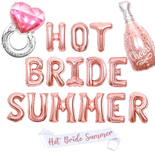 Hot Bride Summer Party Decorations for Girls Women Bachelorette Party Decorations for Summer with Champagne and Wine Glass Foil Balloon Diamond Ring Balloon Hot Bride Summer Sash for Bridal Shower