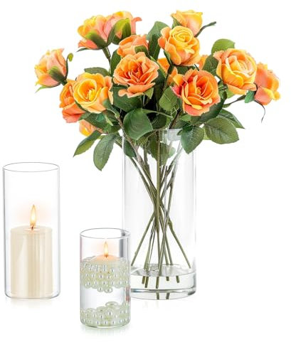 Inweder Jarrones de Cristal Decorativos Modernos - Juego de 3 Floreros Cilíndricos Transparentes Portavela Huracán Portavelas Cristal para Velas de Pilar Velas Flotantes Centros de Mesa para Bodas