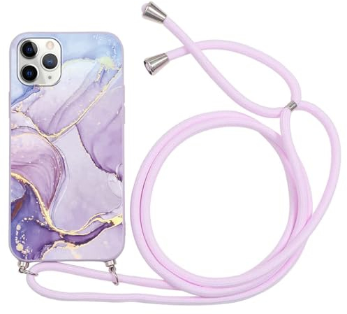 ZhuoFan Handykette für iPhone 11 Pro Hülle mit Band, Aesthetic Marmor Muster Verstellbarer Halskette Handyhülle mit Kordel zum umhängen, Violett Silikon Stoßfest Schutzhülle mit Kette, Marble