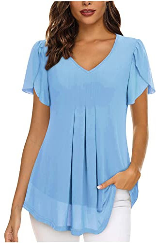 AMhomely Tee Shirts for Women Elegant Short Sleeve V Neck T-Shirt Blouse Girls Solid Color Jumper Formal Work Office Business Blouse Ruffle Night Out Shirts for Leggings Light Blue 16