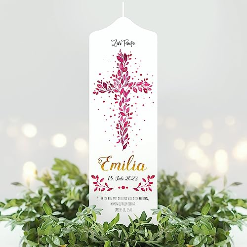 Wandtattoo Loft Taufkerze Mädchen mit Taufspruch, Motiv mit Kreuz aus pinken Blättern, 25cm x 7cm, personalisierte Kerze, bedruckte Kerze zur Taufe, Geburtskerze, Stumpenkerze, Taufgeschenk