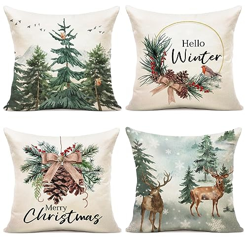 YCOLL Kissenbezug 40x40 4er Set Kissenbezug Weihnachten Kissenbezüge Dekokissen Leinen Kissenhüllen für Deko Weihnachten Sofa Schlafzimmer Couch 40x40 cm