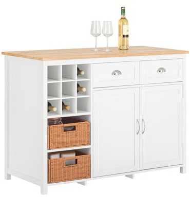 SoBuy KNL05-W Isla de Cocina con 2 Cestas de Ratán Aparador de Almacenamiento con Encimera Armario de Cocina Mltifuncional con 2 Puertas y 2 Cajones 120 x 56 x 90 cm Blanco ES