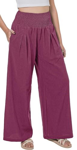 Lofbaz Donna Estate Cotone e Lino a Gamba Larga Fluttuante Pantaloni Palazzo Spiaggia a Vita Alta Boho Lunghi da Relax con Tasche Fucsia M