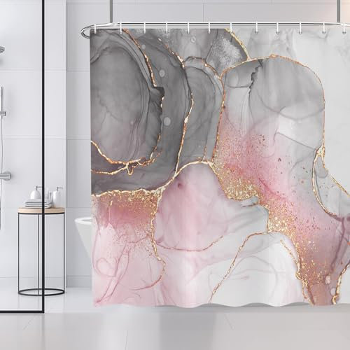 ASDCXZ Tenda da doccia in marmo, 180 x 180 cm, moderna, astratta, grigio, bianco, rosa, oro, effetto marmo, texture colorata, per bagno, lavabile, in poliestere, impermeabile, per vasca da bagno con