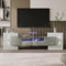 Merax 200 cm TV-Schrank Lowboard in Hochglanz Weiß mit LED-Beleuchtung und eleganter Glasoberfläche 200 x 35 x 60 cm - Weiß + Grau