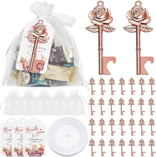 Ruspela Lot de 50 décapsuleurs en forme de clé avec sac en organza, étiquette de remerciement et ruban pour fête prénuptiale, fête de mariage