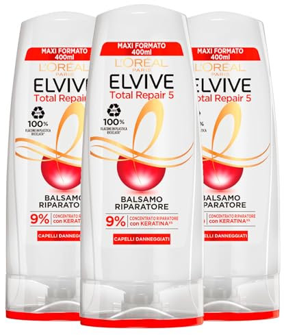 L'Oréal Paris Elvive Total Repair 5 Balsamo Riparatore per Capelli Danneggiati Formula Rinforzante Concentrato Riparatore 9% Keratina con Estratti di Calendula e Ceramide - 3 Flaconi da 400ml