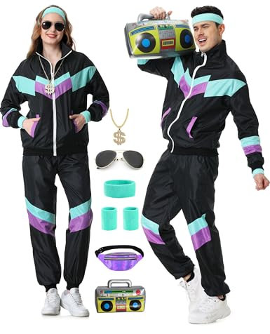 KUKIKUKI 80er 90er Jahre Outfit für Herren Damen, Tracksuit Sportbekleidung, Streetwear Trainingsanzug Jogginganzug Outfit für 80er Jahre Herren Kostüm (black, 3XL)
