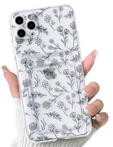 NITITOP Compatible with iPhone 11 Pro Case Clear with Card Holder Cute Flower Floral Leave Pattern for Women Girl Soft TPU Shock-absorbing Wallet Case Protective Phone Cover - Black
