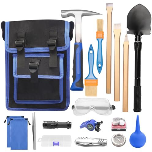 19-teiliges Geology Rock Pick Hammer Kit, 23 oz Hammer & 3 Stück Digging Chisels Set für Rock Hounding, Gold Mining & Prospekting, Equipment Tool mit Blow-and-Suck Ball, Whistle (Stil 1)