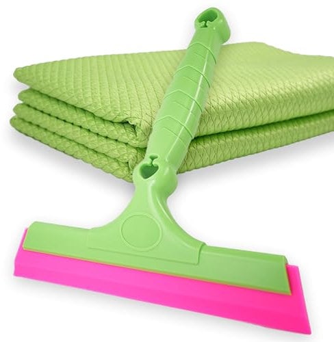 7.87'' Silicone Squeegee, 2 Pack 11.81 * 15.74″'' Microfiber Glass Cleaning Cloth, Lint Free, Rubber Water Blade, Kitchen Countertop, Window Tint, Glass Door, Bathroom Mirror, Green