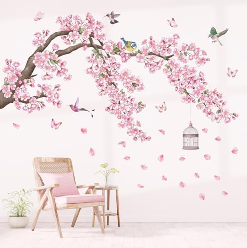 DECOWALL SG2-2426 Stickers muraux en fleurs de cerisier Rose Branche Oiseaux Décalques muraux Chambre Salon Canapé Fond TV Décoration d'intérieur
