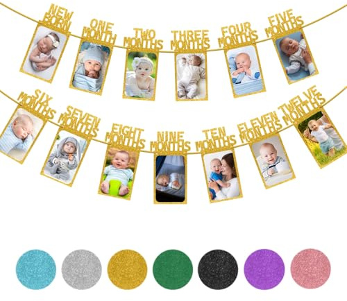 Gold 1. Geburtstag Baby Foto-Banner für Jungen und Mädchen, Neugeborene bis 12 Monate, Partydekoration, monatliche Meilenstein-Foto-Bunting-Girlande, Dekoration für die erste Geburtstagsfeier