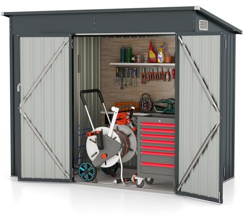 GOPLUS 2,6m² Abri de Jardin en Métal Galvanisée avec Porte Latérale, Résistant aux Intempéries, Cabane de Jardin à Outils avec Toit en Pente, Hangar de Stockage Extérieur, 4,82m³, 235x117x185cm