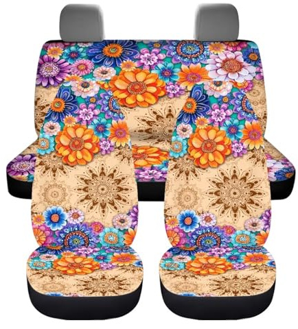 chaqlin Hippie Lotus Autositzbezug-Set für Damen, Auto-Innenzubehör, 4-teilig, universeller Autositzschoner für Vorder- und Rücksitze, passend für die meisten Autos, SUVs, Lieferwagen