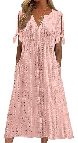CheChury Robe Ete Femme Col V Boheme Dress avec Poches Longueur Robe De Plage Chic et Elegant Décontracté,Rose,XL
