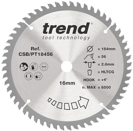 Trend Laminate & HPL Circular Saw Blade, 184mm Diameter, 16mm Bore, 56T, 2.6mm Kerf, +4° Hook, TCT Finish, CSB/PT18456