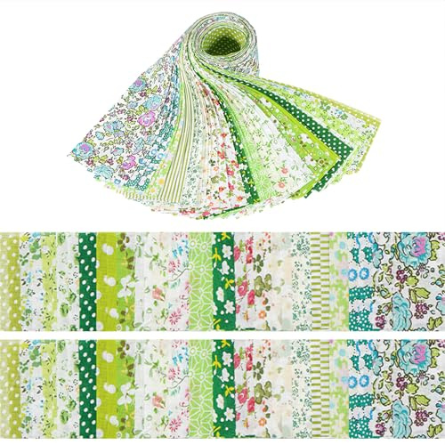 40 Stück Baumwollstoff Patchwork, Stoffe Baumwolle tuch DIY Baumwolltuch Blumenmuster, DIY Stoffstreifen Kreativstoff Rollen für Nähen DIY Handwerk (Grün)