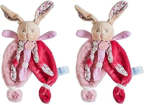 Baby Nat' - Doudou Lapin Plat - Lapin Poupi Rose - Imprimé Fleurs - Forme Originale Facile à Attraper avec Nouettes & Grandes Oreilles - Idée Cadeau Naissance Bébé Fille et Garçon - BN0111 (Lot de 2)