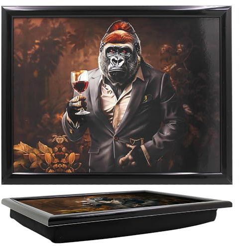 Gorilla with Wine Lap Tray, Cushioned Bean Bag Base, Funny Animal Design | Funny suited gorilla lap tray holding a wine glass, with comfortable cushioned bean bag base for meals, laptops and relaxing.