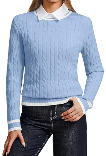 YUNDAI Womens Jumpers Casual Long Sleeve Crewneck Lightweight Ribbed Knit Contrast Color Sweater Ladies T-Shirts Tops for Women Spring Fall, Small Light Blue