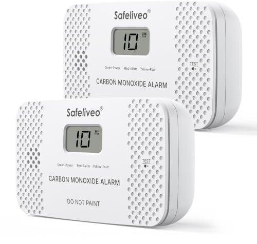 Safeliveo Carbon Monoxide Detector with Replaceable Battery, White, 2Pack | EN50291 certified, CO Alarm with Digital Display - 10 Years Sensor Life, Portable for home & travel with CO Peak Value Memory