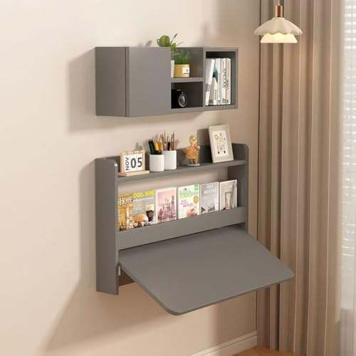An der Wand montierter Klapptisch, herunterklappbarer Laptop-Schreibtisch, platzsparender Tisch, Arbeitsstation mit Ablageflächen für Arbeitszimmer, Schlafzimmer, Home Office (Grau, 60 × 46 × 60 cm