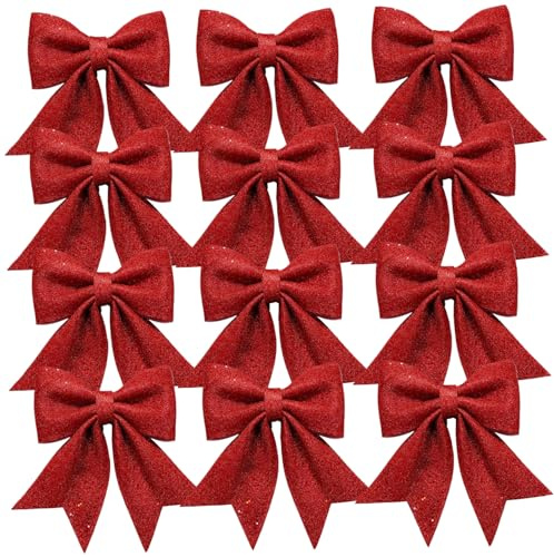 Hperu Lazos de Navidad 12 Piezas de Tela con Purpurina roja de 6x5 Pulgadas, Multiusos para Envolver Manualidades, Guirnalda, Corona, Lazos de Terciopelo para árbol de Navidad