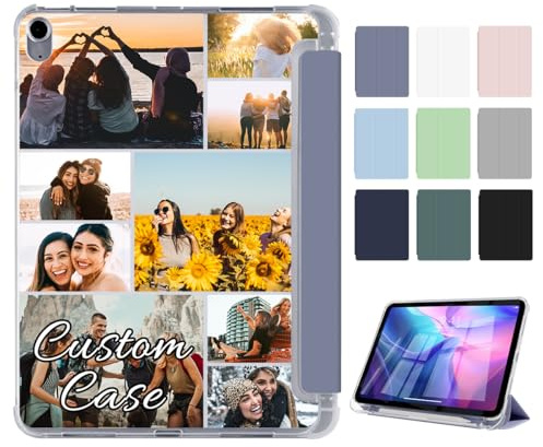 Custom Picture Case for iPad Air 2 2nd Gen 2014 2013 9.7 Inch with Pencil Holder Personalized Photo Collage Cover with Soft TPU Clear Back Slim Trifold Stand Protective Smart Auto Sleep/Wake