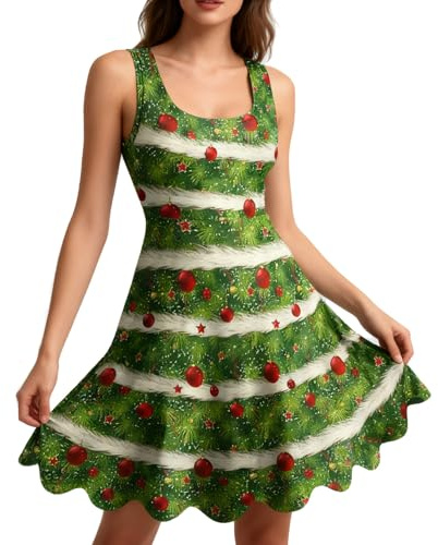 Generisch Costume per albero di Natale da donna, Natale, costumi per adulti e travestimento per feste, carnevale e Halloween, costume da donna, tutù rock natale, cerchietto per capelli albero di