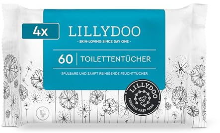 Toallitas húmedas WC LILLYDOO, 60 toallitas, toallitas libres de plástico y desechables, sin perfumes (Paquete de 4)