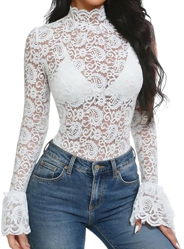 Sahunfri Lace Tops for Women Mesh Top Sexy See Through Shirts Y2K Blouses