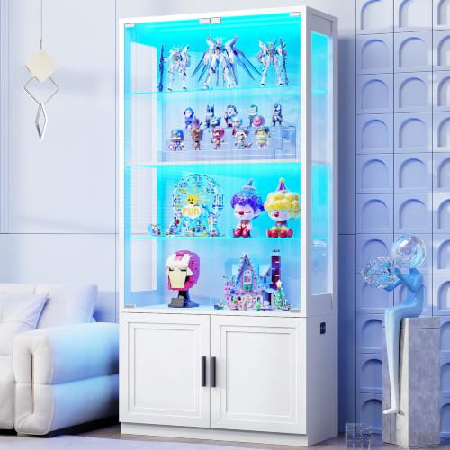 BROTTAR 67 Display Cabinets with Glass Doors & Height Adjustable Shelves | 5-Tier Glass Display Cabinet with 3 Color Lights,Curio Display Case for Collectibles for Playroom,Living Room,Bedroom,White