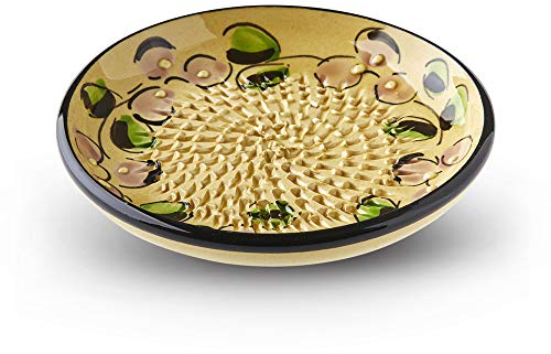 Garlic Grater Plate. (#Ref 10). Handmade and Hand Painted in Cordoba, Spain. Cream Plate with Black Rim and Plum Pattern.
