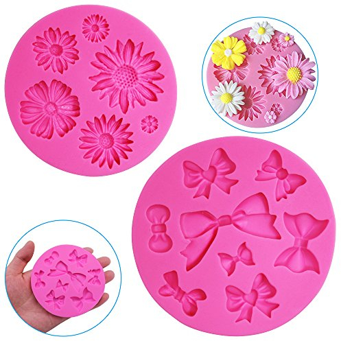 FineGood Lot de 2 moules décoratifs en silicone en forme de fleur de chrysanthème et nœud papillon pour chocolat, fondant, argile, sucre, savon, bricolage, pâtisserie, outil de pâtisserie – Rose