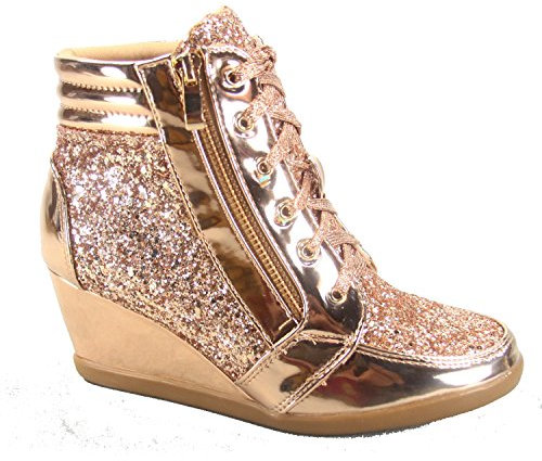 Forever Link Damen Fashion Glitter High Top Lace Up Wedge Sneaker Schuhe, rose gold, 36 EU