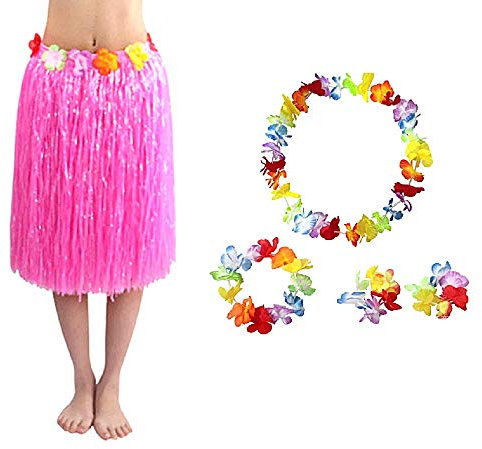 Gonna Hawaiana Hawaii Collana Corona Bracciali Moana Vaiana Carnevale 60 cm Rosa Idea Regalo Natale Compleanno Festa minigonna gonna corta party tropicale