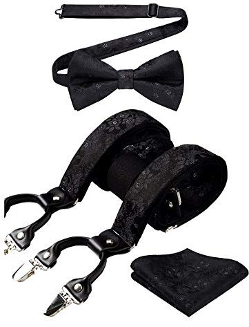 HISDERN Schwarz Hosenträger und Fliege Set Herren Blumen Paisley Einstecktuch Y Style hosenträger mit 6 Clips Einstellbar für Hochzeit Anzug