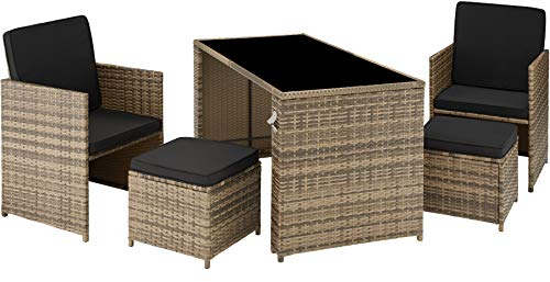 tectake Poly Rattan Sitzgruppe, 5- teiliges Lounge Gartenmöbel Set mit Tisch, Sessel & Hocker, Essgruppe für bis zu 4 Personen, Garten und Balkon Möbel inkl. Polster - Natur