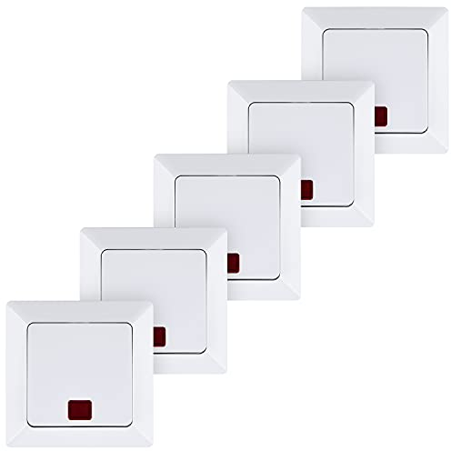 HEITECH Interruptor de luz con luz piloto en blanco - 5x interruptor empotrado de encendido/apagado 250V AC, 10A, IP20 incl. marco, inserto empotrado, tapa - Interruptor empotrado iluminado